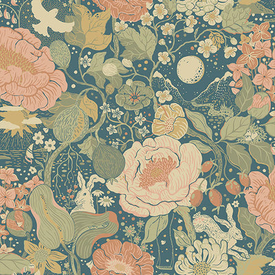 product image of Vaxa Teal Rabbits & Rosehips Wallpaper from Briony Collection by Brewster 517