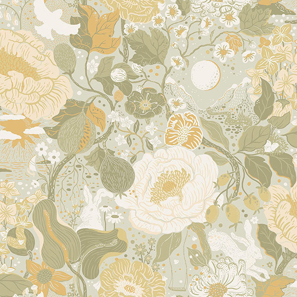 media image for Vaxa Light Grey Rabbits & Rosehips Wallpaper from Briony Collection by Brewster 262