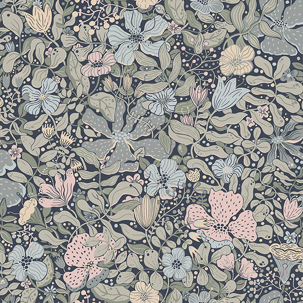 media image for Midsommar Dark Blue Floral Medley Wallpaper from Briony Collection by Brewster 270