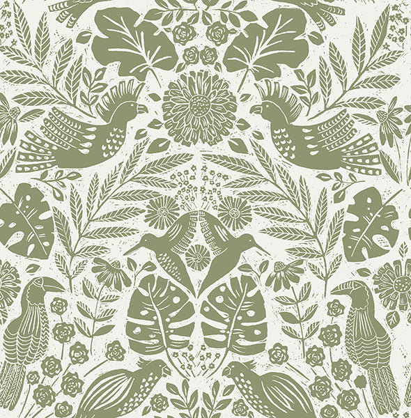 media image for Nestle Green Bird Block Print Wallpaper 291