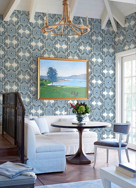 media image for Villa Blue Embellished Ogee Wallpaper 254