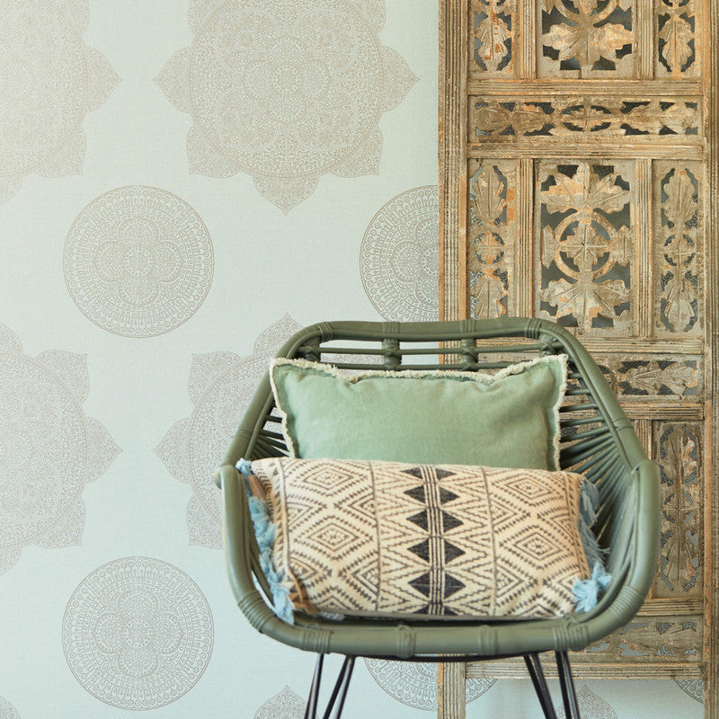 media image for Medallion Oversized Wallpaper in Seafoam Blue/Taupe 290