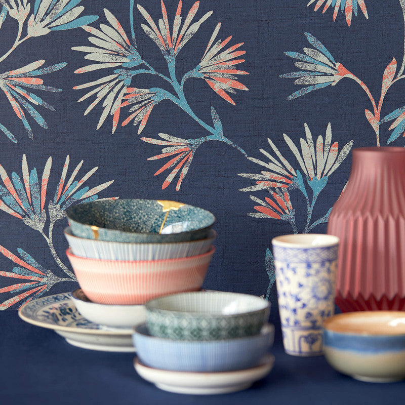 media image for Floral Asian-Inspired Wallpaper in Navy/Copper 268