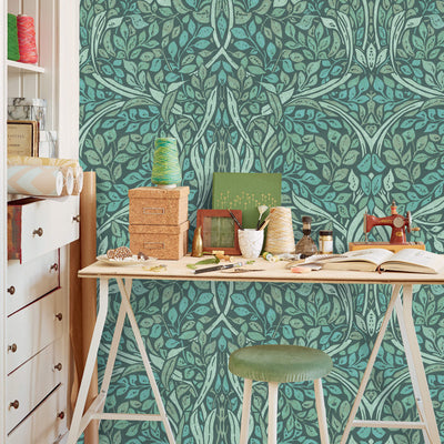 product image for Swirling Leaves Wall Mural in Green/Teal 90