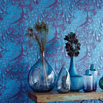 product image for Floral & Peacock Whimsical Wallpaper in Metallic Pink/Blue 12