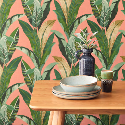 product image for Palm Leaf Tropics Wallpaper in Green/Coral 92