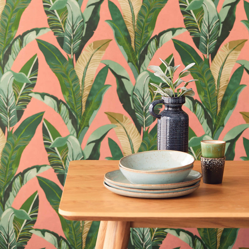 media image for Palm Leaf Tropics Wallpaper in Green/Coral 290