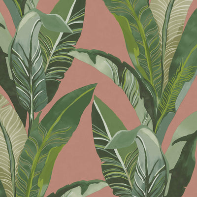 product image of Palm Leaf Tropics Wallpaper in Green/Coral 572