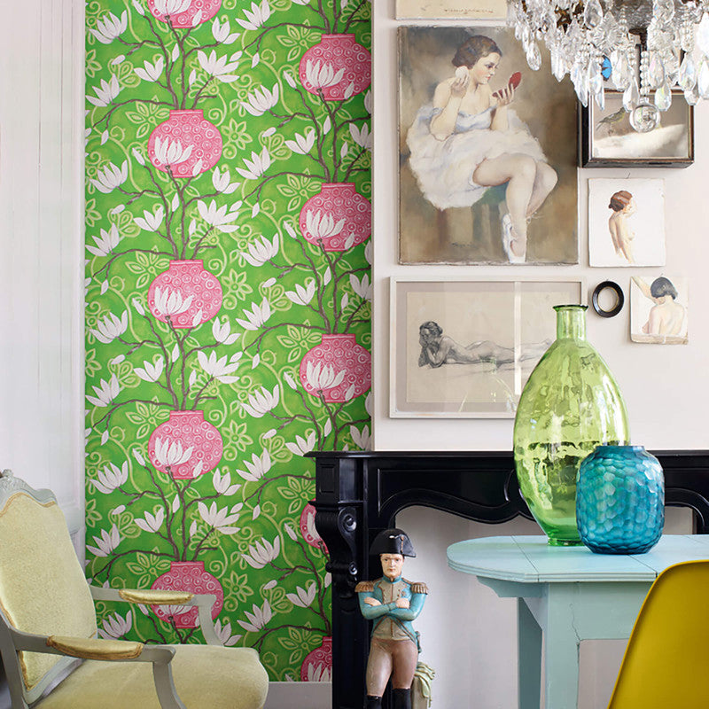 media image for Magnolia Floral Wallpaper in Lime Green/Rose 231