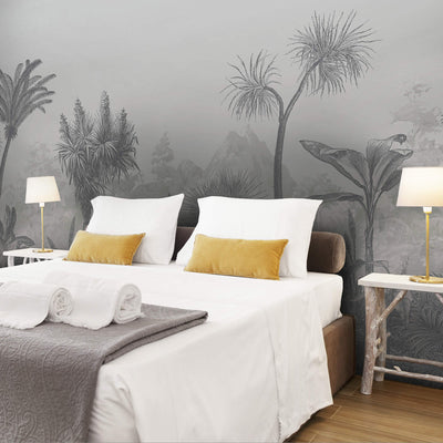 product image for Tropical Foliage & Faded Mountains Wall Mural in Grey 97