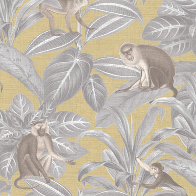 product image of Foliage & Monkeys Crosshatch Wallpaper in Grey/Mustard 516