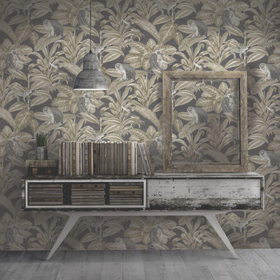 product image for Foliage & Monkeys Crosshatch Wallpaper in Ochre Bronze 3