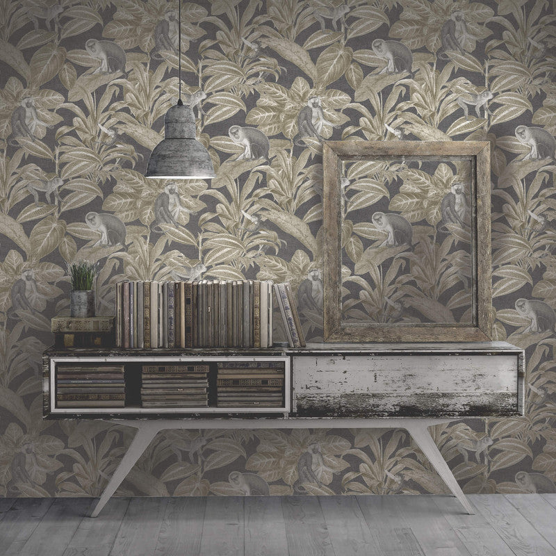 media image for Foliage & Monkeys Crosshatch Wallpaper in Ochre Bronze 262