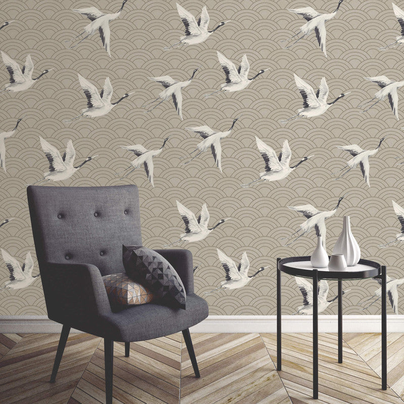 media image for Cranes & Scallops Wallpaper in Pearlescent Taupe 238