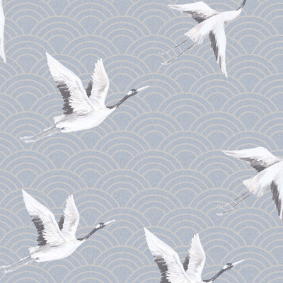 product image of Cranes & Scallops Wallpaper in Pearlescent Stone Blue 565