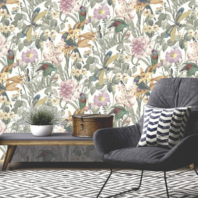 product image for Floral Foliage & Dragonflies Wallpaper in Sage Green 31