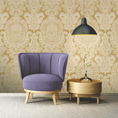 product image for Damask Pearlized & Striae Wallpaper in White/Gold 72