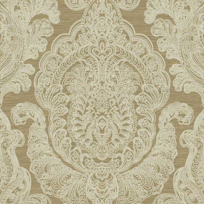 media image for Damask Pearlized & Striae Wallpaper in White/Gold 298