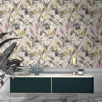 product image for Floral Foliage Traditional Wallpaper in Pink/White 49