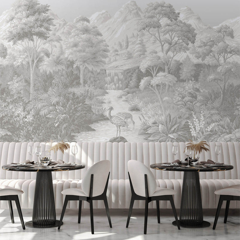 media image for Tropical Jungle Landscape Wall Mural in Grey/White 259