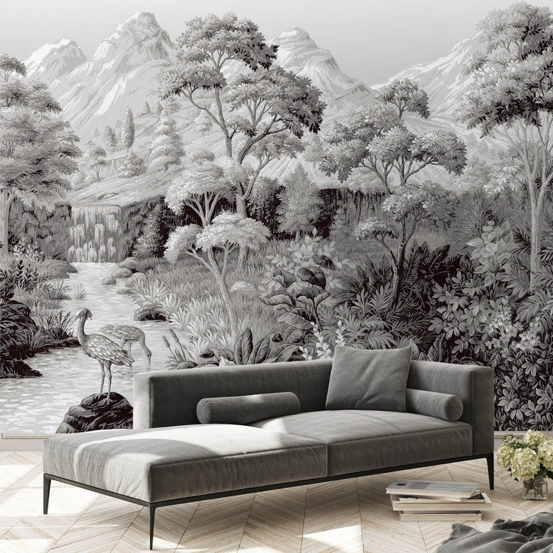 media image for Tropical Jungle Landscape Wall Mural in Black/Grey 249