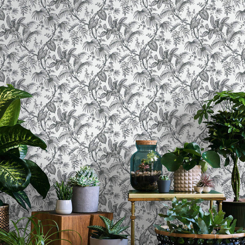 media image for Palm & Foliage Wallpaper in White/Black from the Olio Collection 255