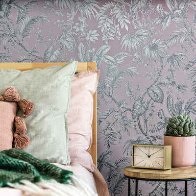 product image for Palm & Foliage Wallpaper in Soft Pink/Silver from the Olio Collection 81