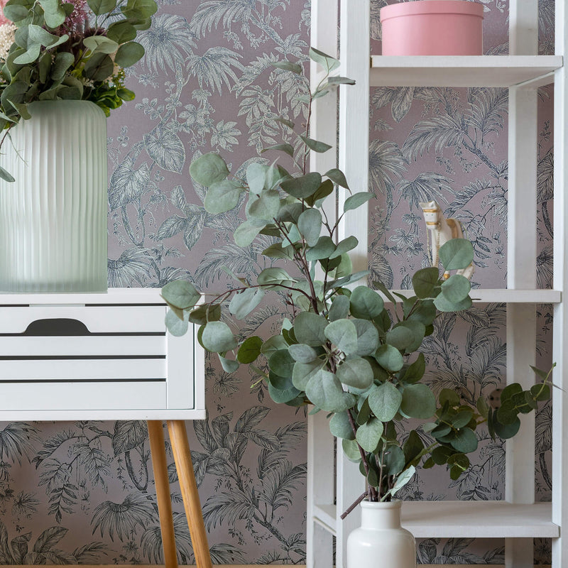 media image for Palm & Foliage Wallpaper in Soft Pink/Silver from the Olio Collection 235