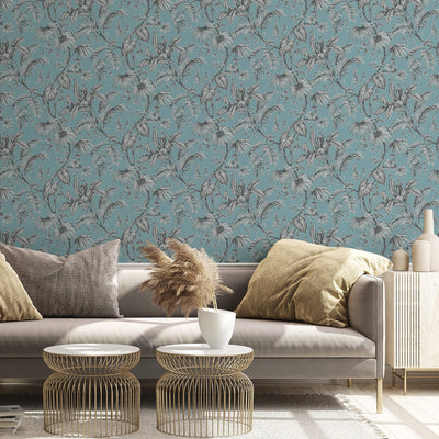 product image for Palm & Foliage Wallpaper in Soft Teal/Black from the Olio Collection 53