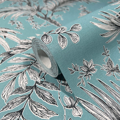 product image for Palm & Foliage Wallpaper in Soft Teal/Black from the Olio Collection 33