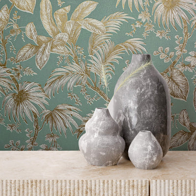 product image for Palm & Foliage Wallpaper in Soft Green/Gold from the Olio Collection 10