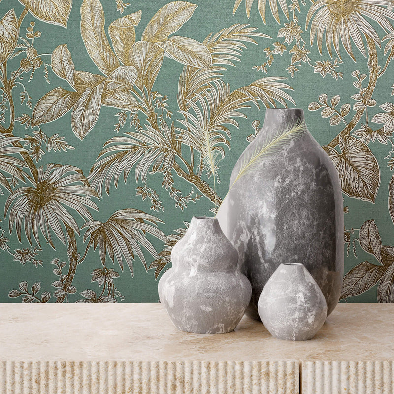 media image for Palm & Foliage Wallpaper in Soft Green/Gold from the Olio Collection 250