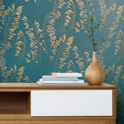 product image for Feather Shrub Wallpaper in Teal/Gold from the Olio Collection 8