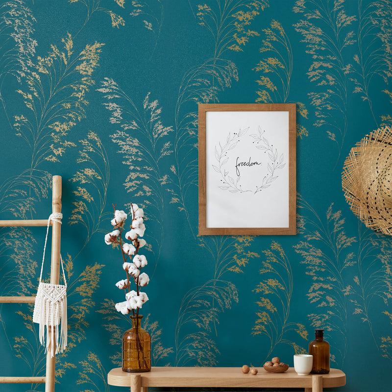 media image for Feather Shrub Wallpaper in Teal/Gold from the Olio Collection 24