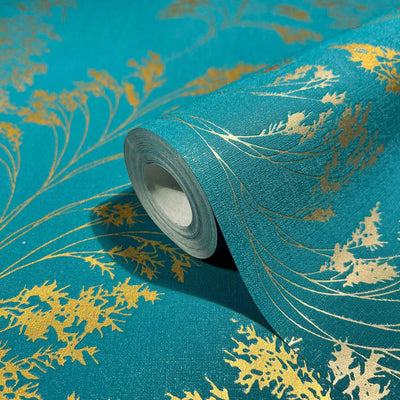 product image for Feather Shrub Wallpaper in Teal/Gold from the Olio Collection 0