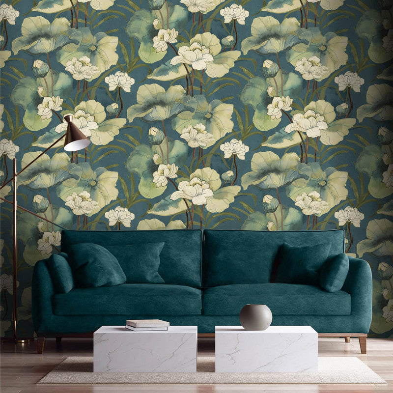 media image for Watercolor Waterlilies Wallpaper in Teal 214