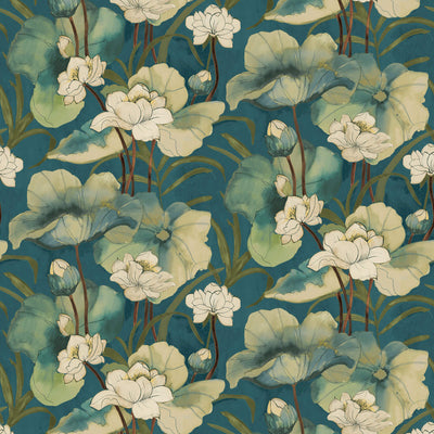 product image of Watercolor Waterlilies Wallpaper in Teal 596