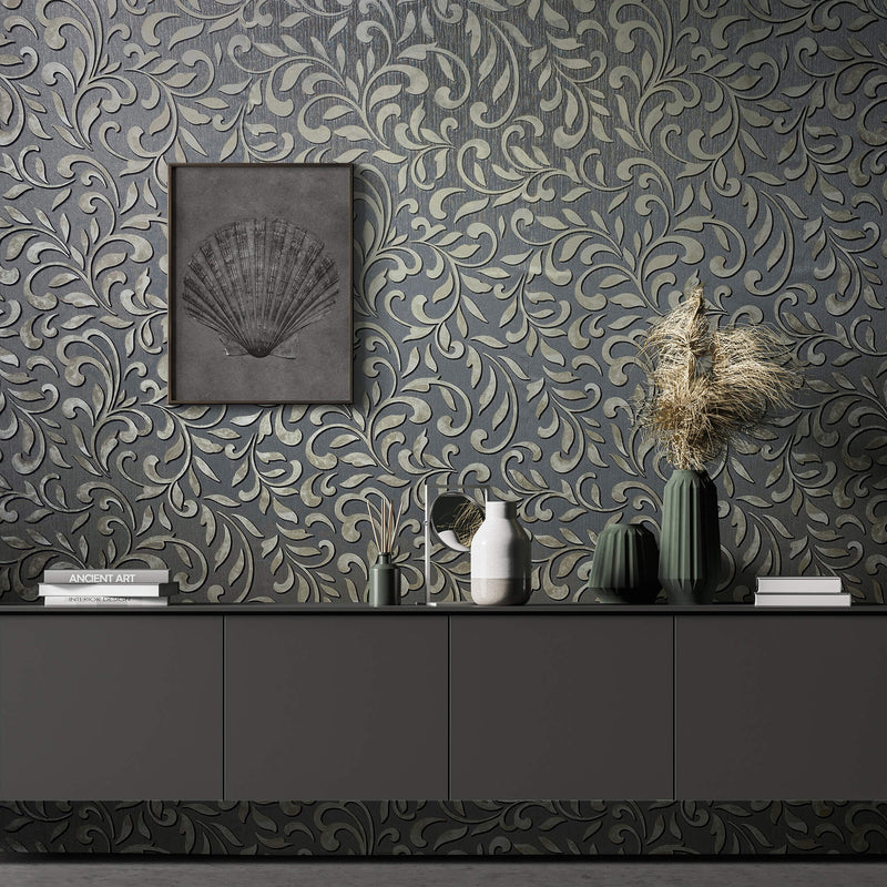 media image for Royal Damask Wallpaper in Antracite/Silver from the Olio Collection 260