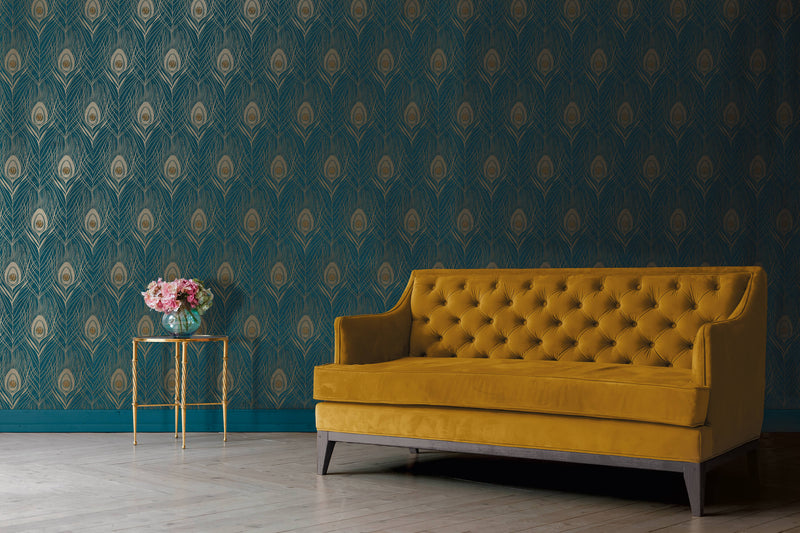 media image for Peacock Feather Motif Wallpaper in Blue/Yellow/Metallic from the Absolutely Chic Collection by Galerie Wallcoverings 243