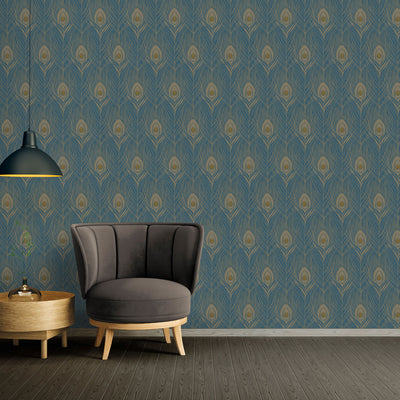 product image for Peacock Feather Motif Wallpaper in Blue/Yellow/Metallic from the Absolutely Chic Collection by Galerie Wallcoverings 30