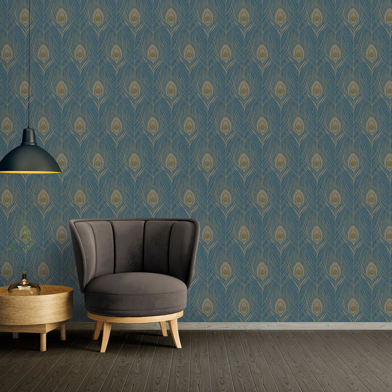 media image for Peacock Feather Motif Wallpaper in Blue/Yellow/Metallic from the Absolutely Chic Collection by Galerie Wallcoverings 231