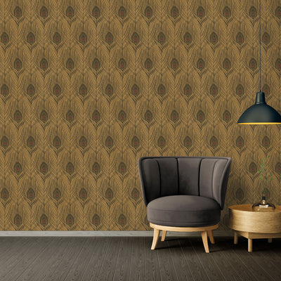 product image for Peacock Feather Motif Wallpaper in Brown/Metallic/Black from the Absolutely Chic Collection by Galerie Wallcoverings 13