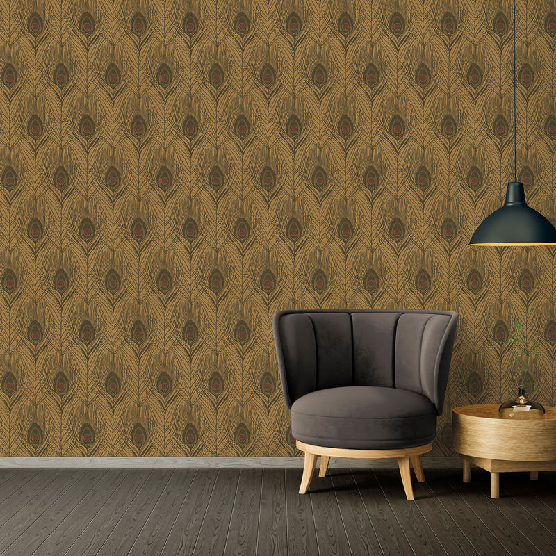 media image for Peacock Feather Motif Wallpaper in Brown/Metallic/Black from the Absolutely Chic Collection by Galerie Wallcoverings 247