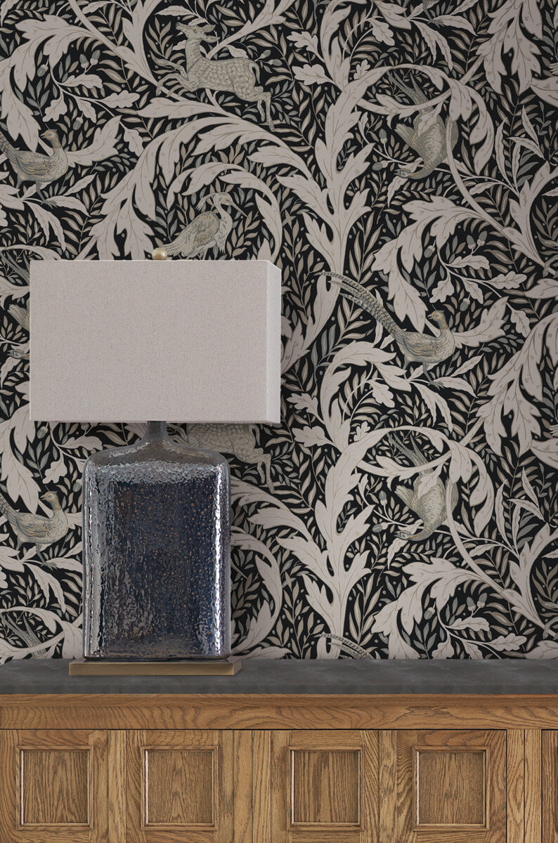 media image for Woodland Tapestry Black Wallpaper from the Arts and Crafts Collection by Ronald Redding 226