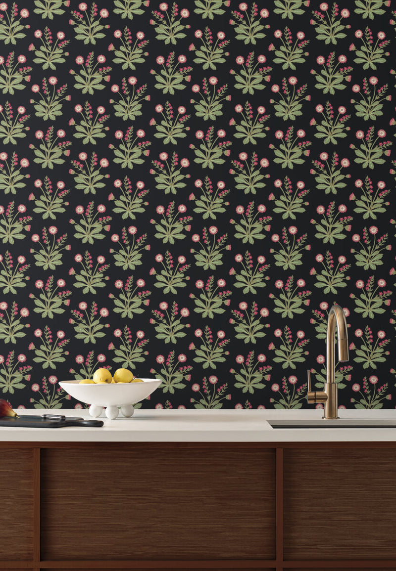 media image for Meadow Flowers Black/Rose Wallpaper from the Arts and Crafts Collection by Ronald Redding 252