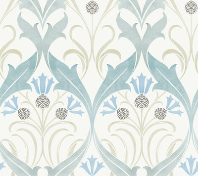 product image of Pine Cone Ribbon Teal Wallpaper from the Arts and Crafts Collection by Ronald Redding 529