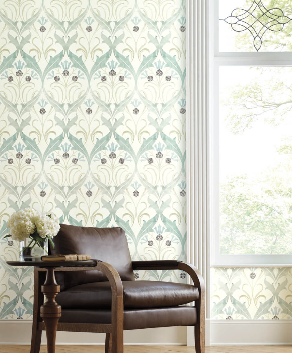 Shop Pine Cone Ribbon Teal Wallpaper from the Arts and Crafts ...