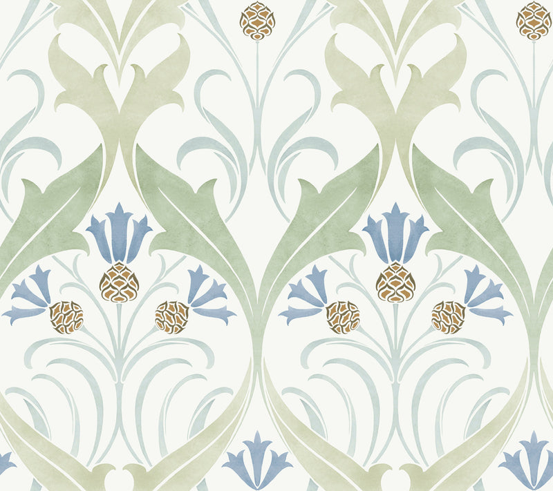 media image for Pine Cone Ribbon Green/Blue Wallpaper from the Arts and Crafts Collection by Ronald Redding 210