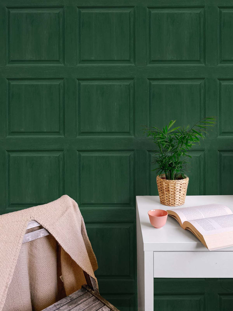 media image for Washed Faux Panel Wallpaper in Emerald Green by NextWall 235