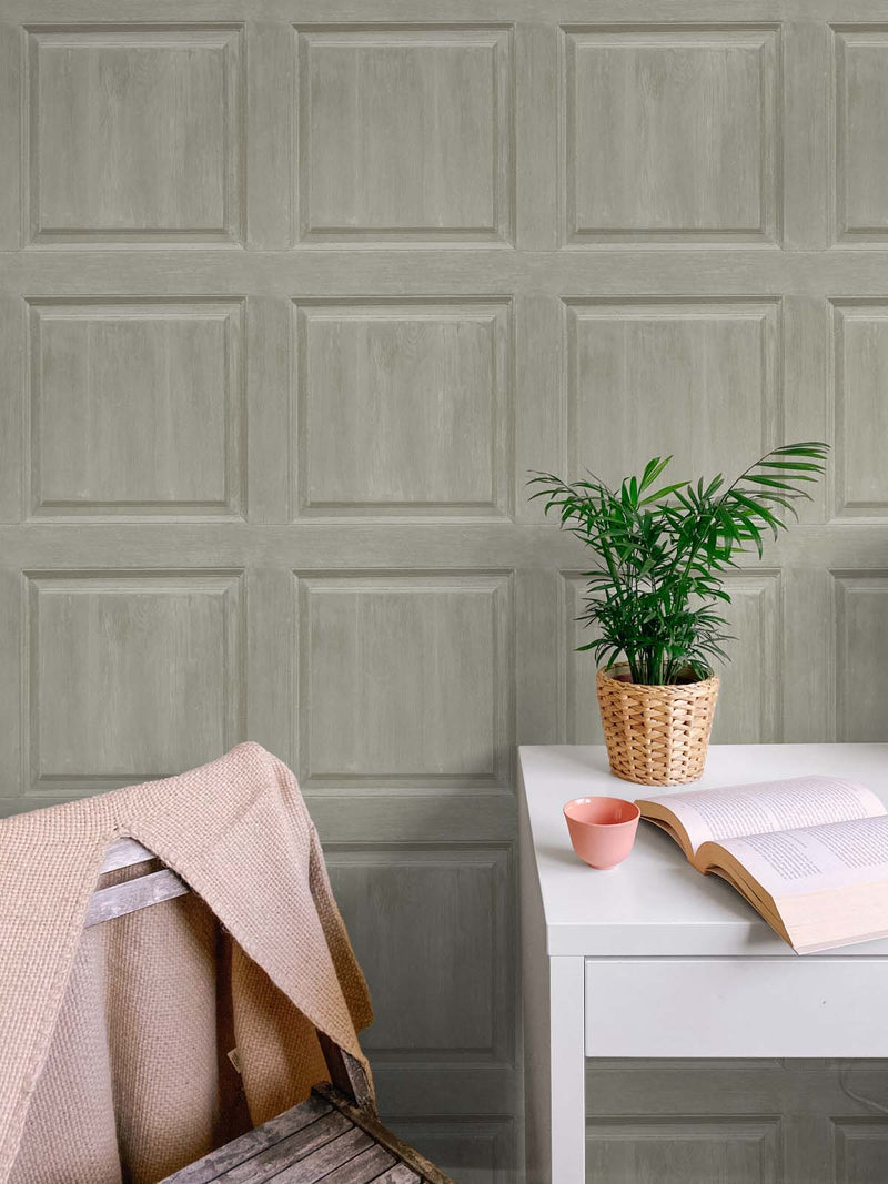 media image for Washed Faux Panel Wallpaper in Warm Pewter by NextWall 249